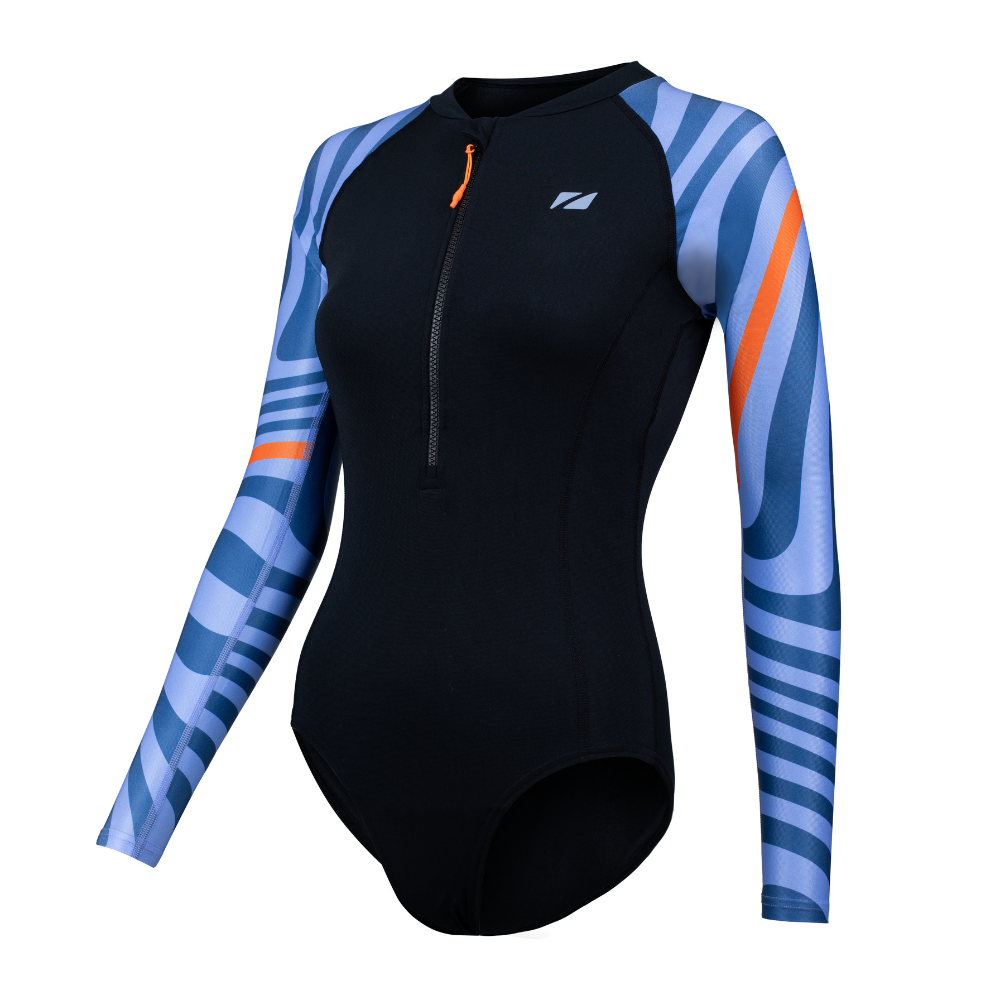 Black long sleeve swimsuit with blue and orange wavy stripe arms, front zip detail
