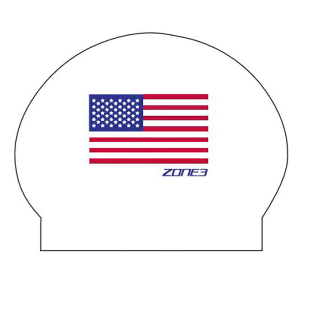 Silicone Swim Cap USA with American flag design, suitable for comfortable swimming.