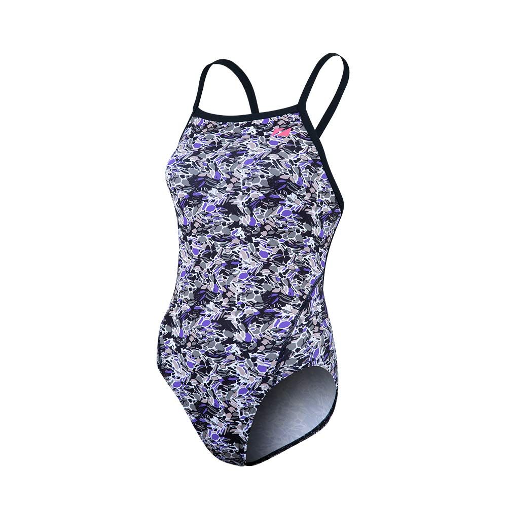 One-piece swimsuit with a black, white, and purple abstract pattern - the Pacific Koa print. Features thin black straps and a high-cut leg.