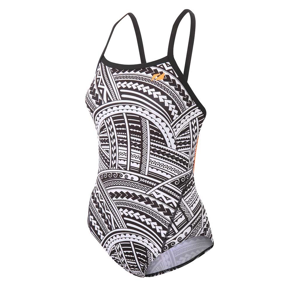 ZONE3 women's one-piece swimsuit featuring the bold black-and-white Kona Speed print. Thin black straps and a high-leg cut offer streamlined support and style.
