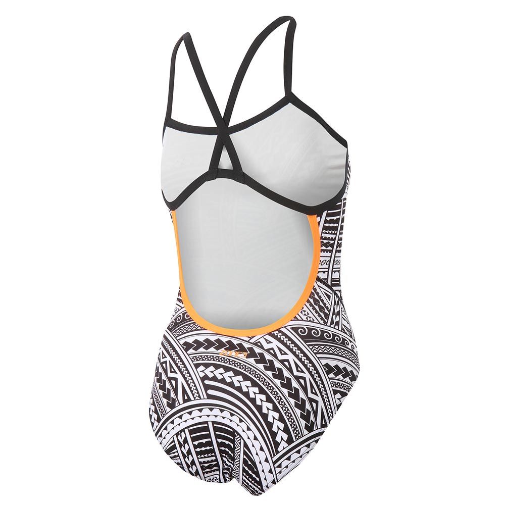 ZONE3 women's one-piece swimsuit featuring the bold black-and-white Kona Speed print. Thin black straps and a high-leg cut offer streamlined support and style.