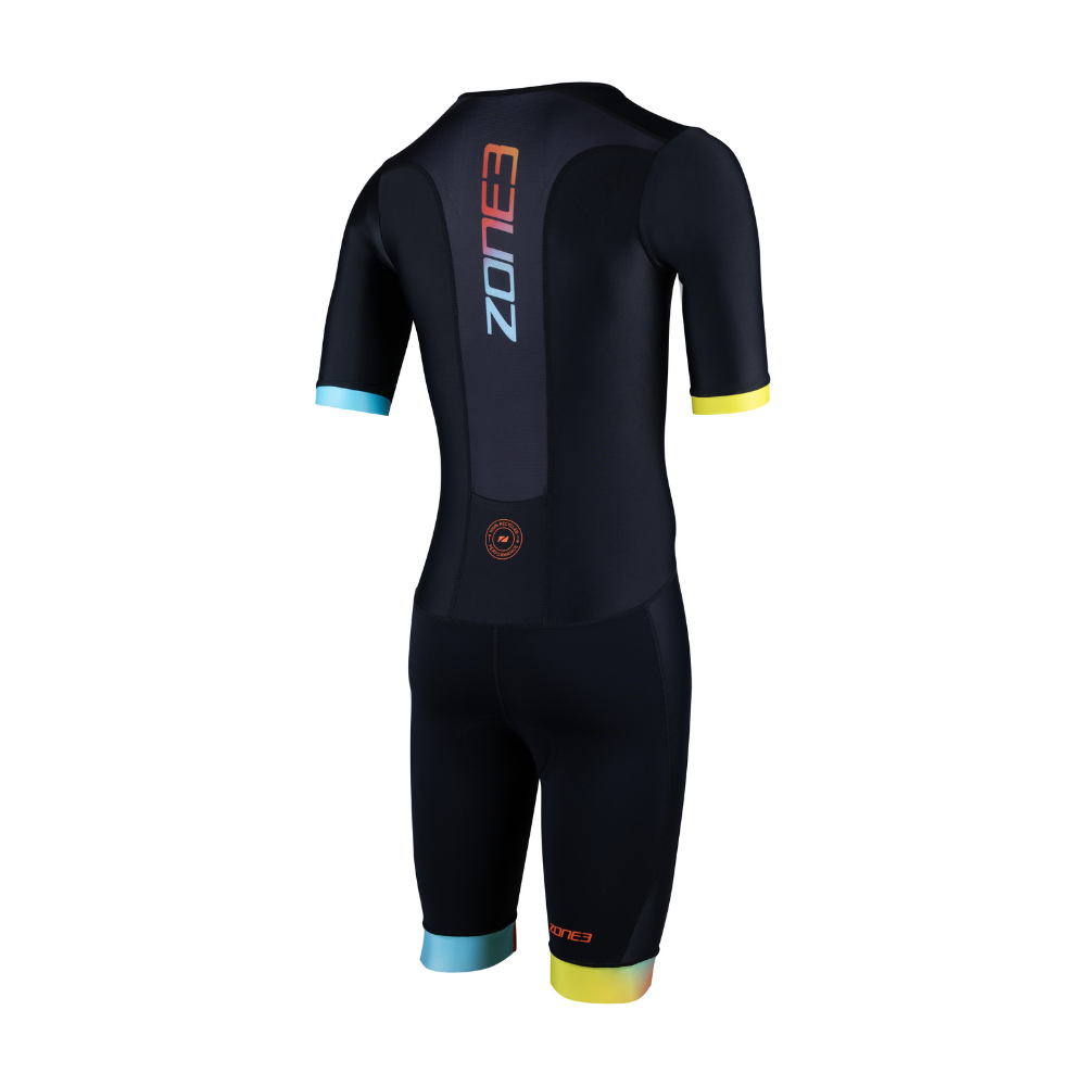 Back view of the ZONE3 Activate+ men’s short sleeve trisuit in black, with a vertical gradient ZONE3 logo and blue and yellow sleeve cuffs.