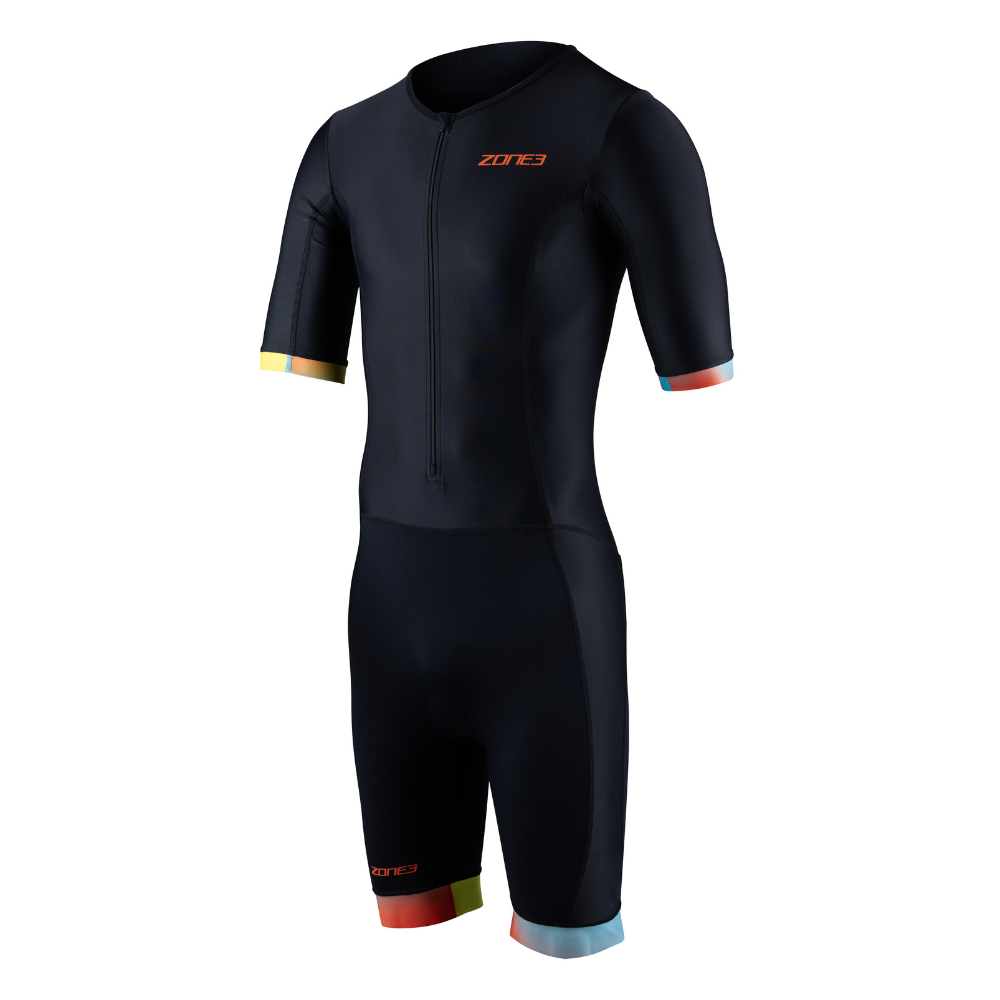Front view of the ZONE3 Activate+ men’s short sleeve trisuit in black, featuring an orange ZONE3 logo and multicolour sleeve and leg cuffs.