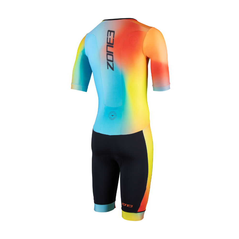Back view of the ZONE3 Activate+ men’s short sleeve trisuit with a vertical ZONE3 logo, gradient colour upper, and black lower half. Includes circular recycled performance branding at the lower back.