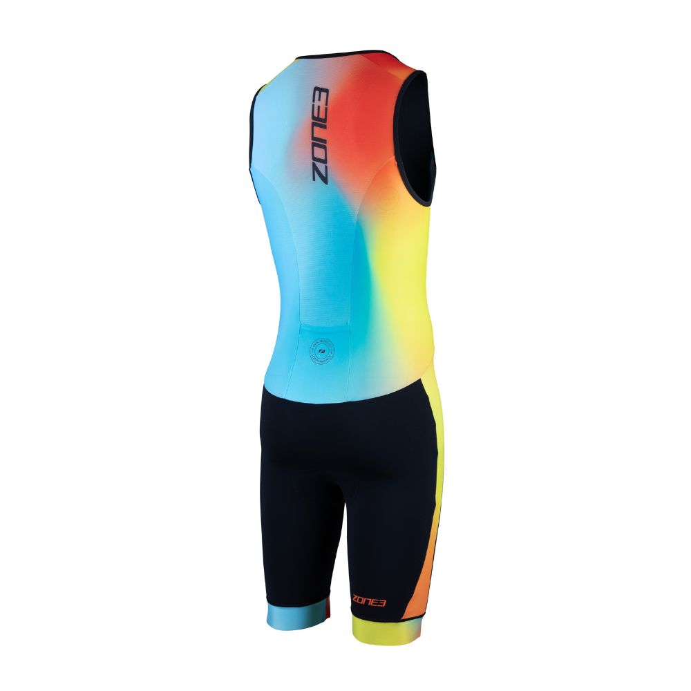 BBack view of the ZONE3 Activate+ men’s sleeveless trisuit with a vertical ZONE3 logo and a blue, yellow, and orange gradient upper. Lower half is black with a circular recycled performance label.