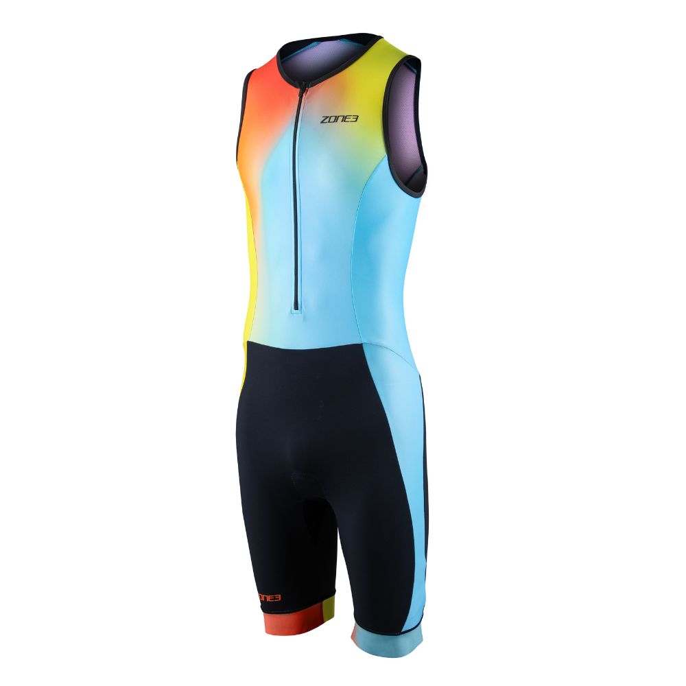 Front view of the ZONE3 Activate+ men’s sleeveless trisuit with a gradient design in blue, yellow, and orange. Features a front zip and black shorts section.