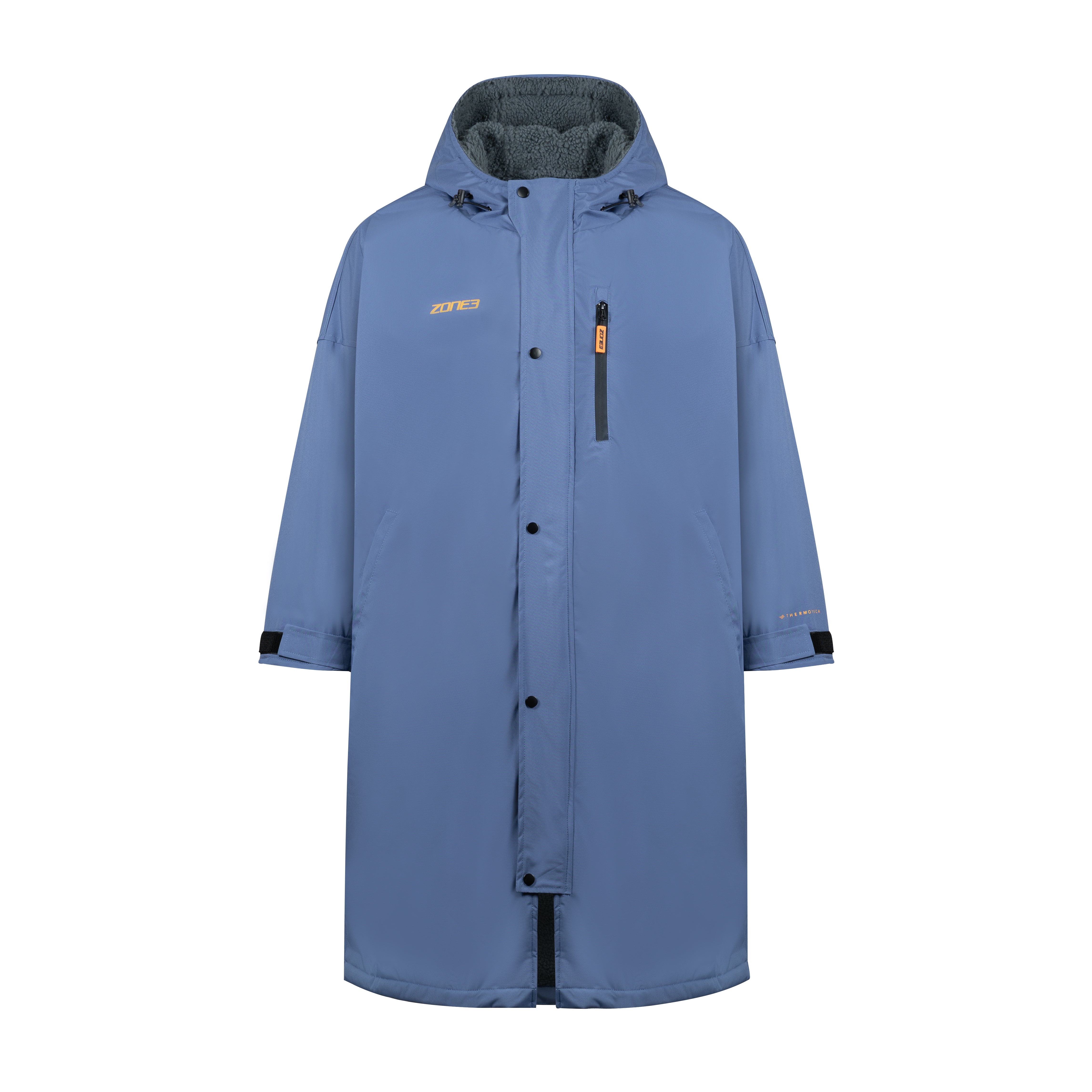 Front view of a long, Arctic blue changing robe with hood, black fleece lining, and orange ZONE3 logo on chest.