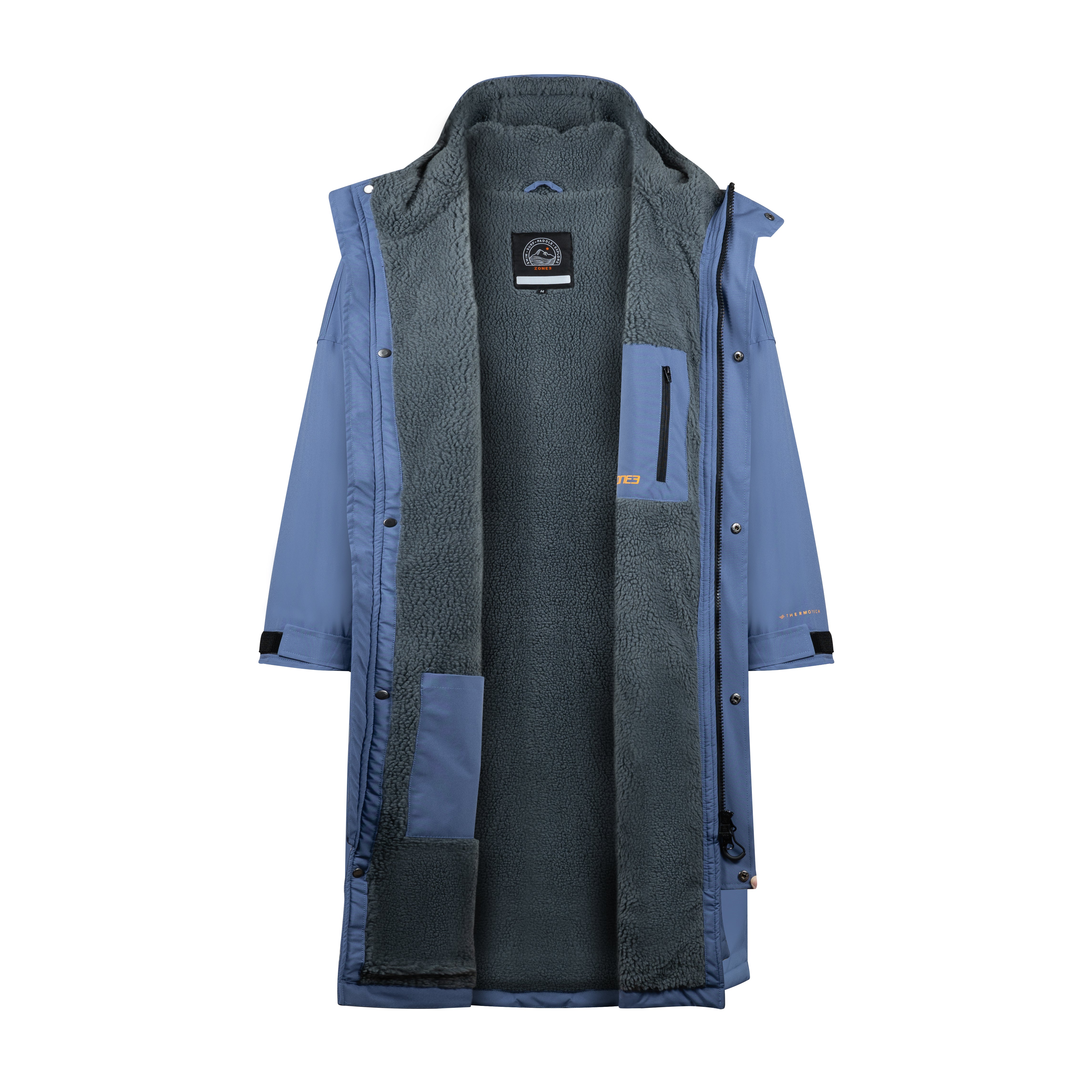 Open view of the robe revealing full interior fleece lining with chest zip pocket and towel pocket.