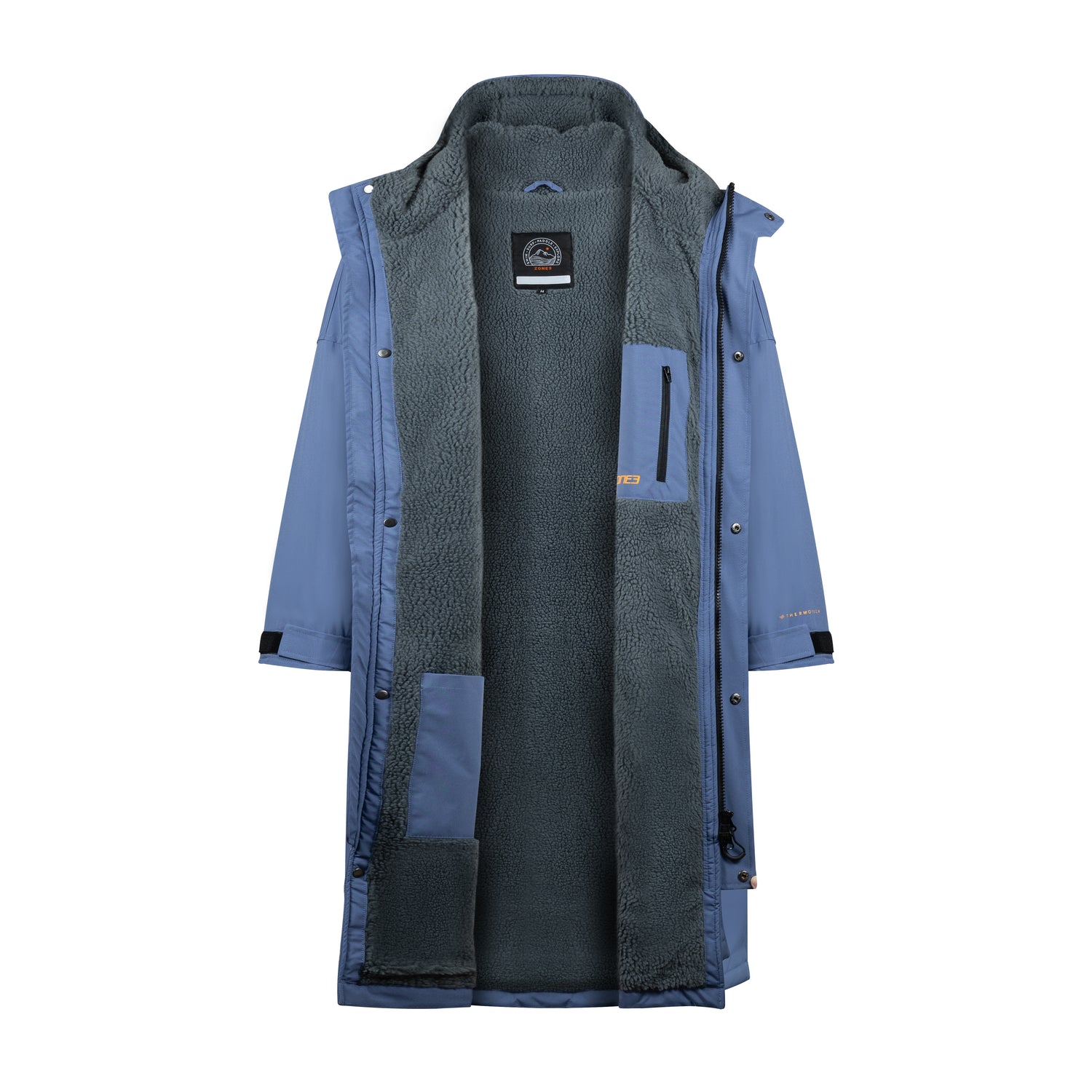 Open view of the robe revealing full interior fleece lining with chest zip pocket and towel pocket.