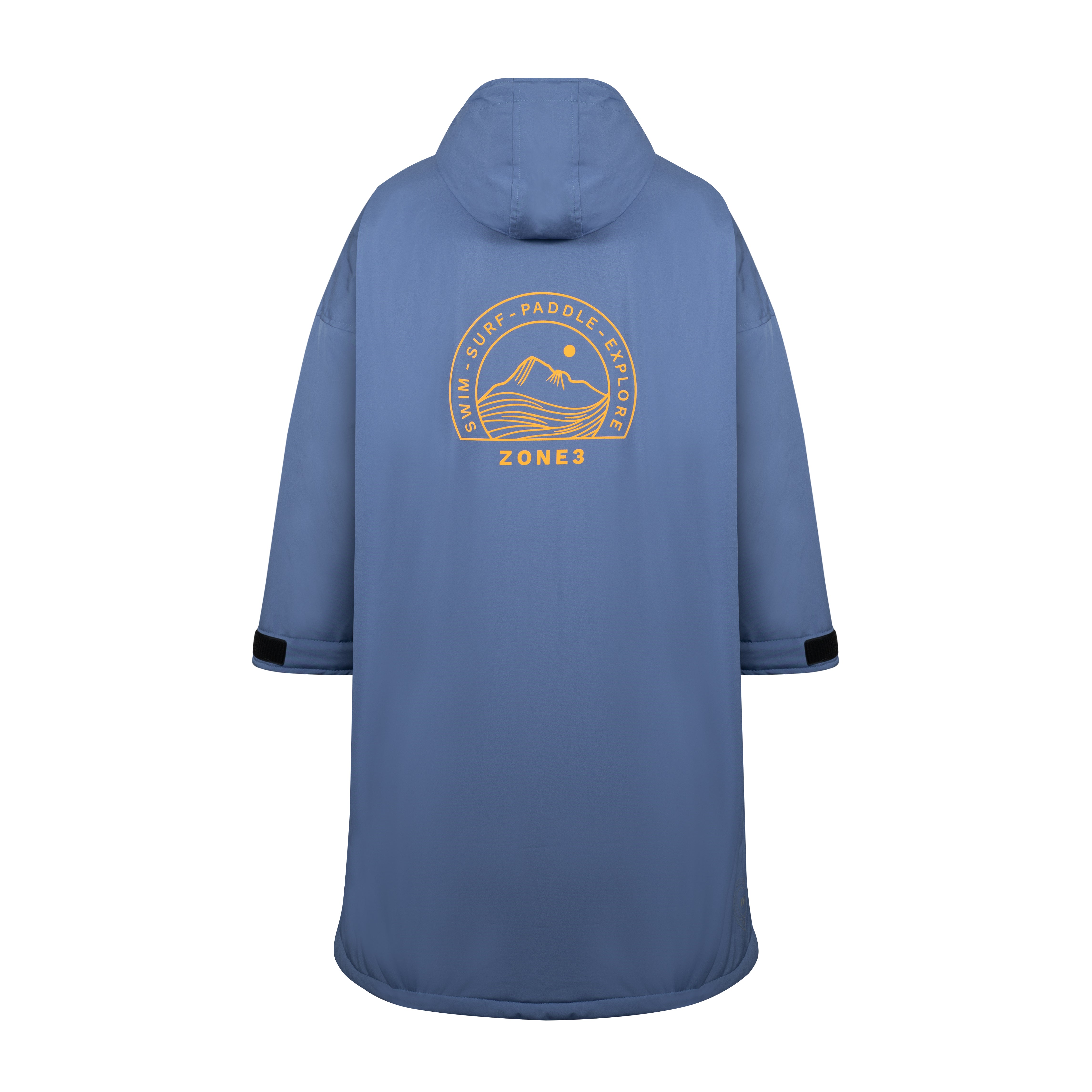 Rear view of the robe showing the large circular mountain and wave ZONE3 logo in orange.