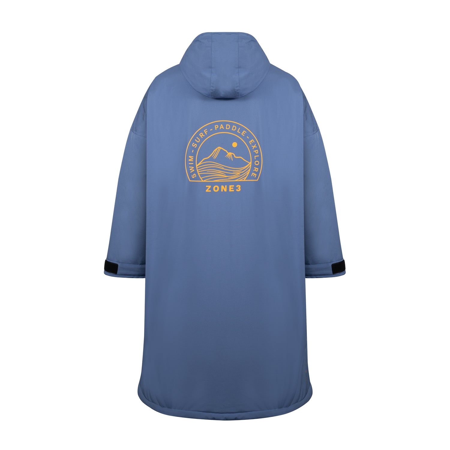 Rear view of the robe showing the large circular mountain and wave ZONE3 logo in orange.