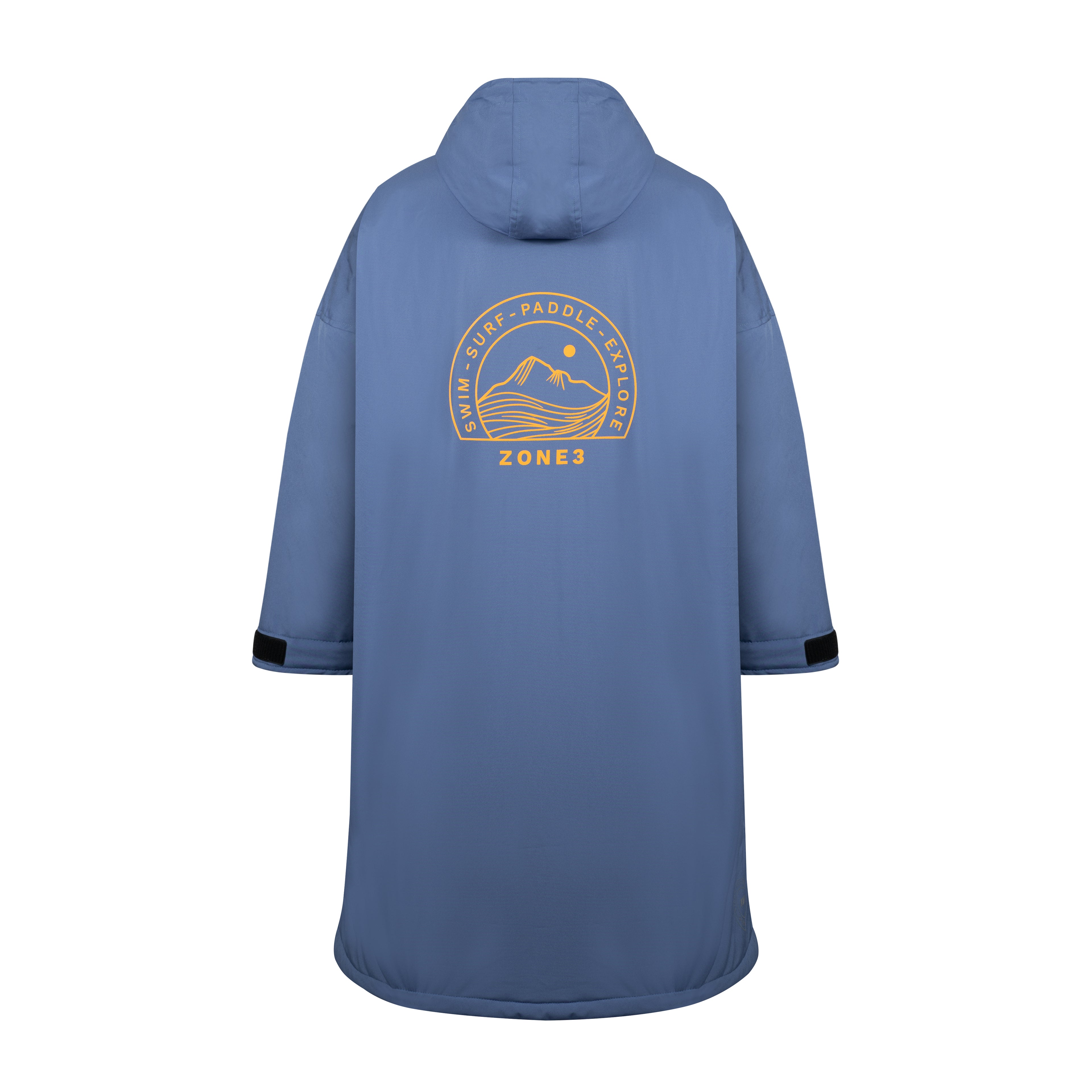 Rear view of the robe showing the large circular mountain and wave ZONE3 logo in orange.