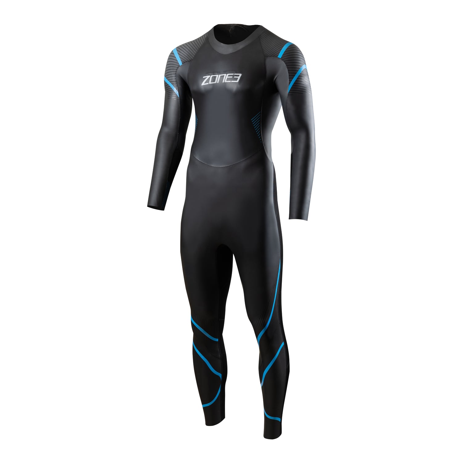 Zone3 men’s full-length triathlon wetsuit in black with blue accents, designed for optimal buoyancy, flexibility, and hydrodynamic performance in open-water swimming.