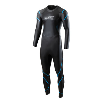 Zone3 men’s full-length triathlon wetsuit in black with blue accents, designed for optimal buoyancy, flexibility, and hydrodynamic performance in open-water swimming.