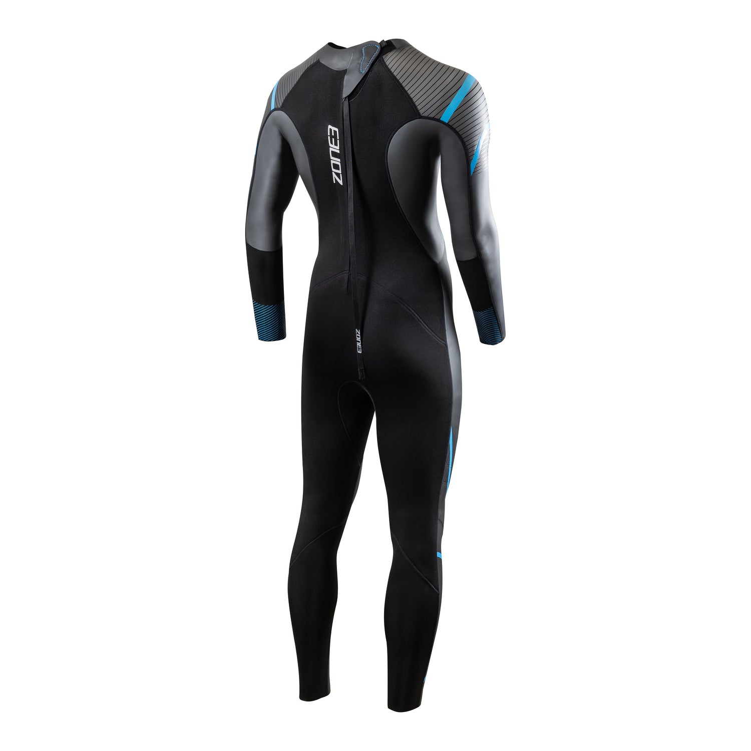 Zone3 men’s full-length triathlon wetsuit in black with blue accents, designed for optimal buoyancy, flexibility, and hydrodynamic performance in open-water swimming.