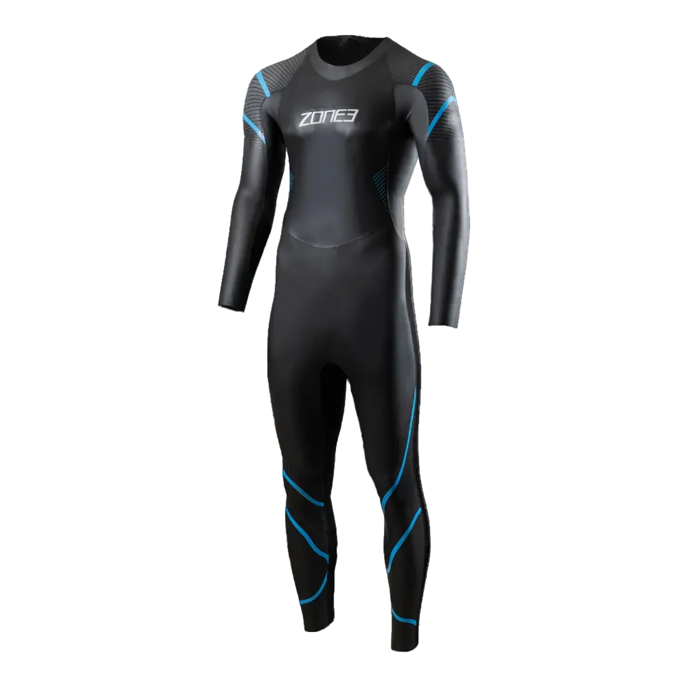 Zone3 men’s full-length triathlon wetsuit in black with blue accents, designed for optimal buoyancy, flexibility, and hydrodynamic performance in open-water swimming.