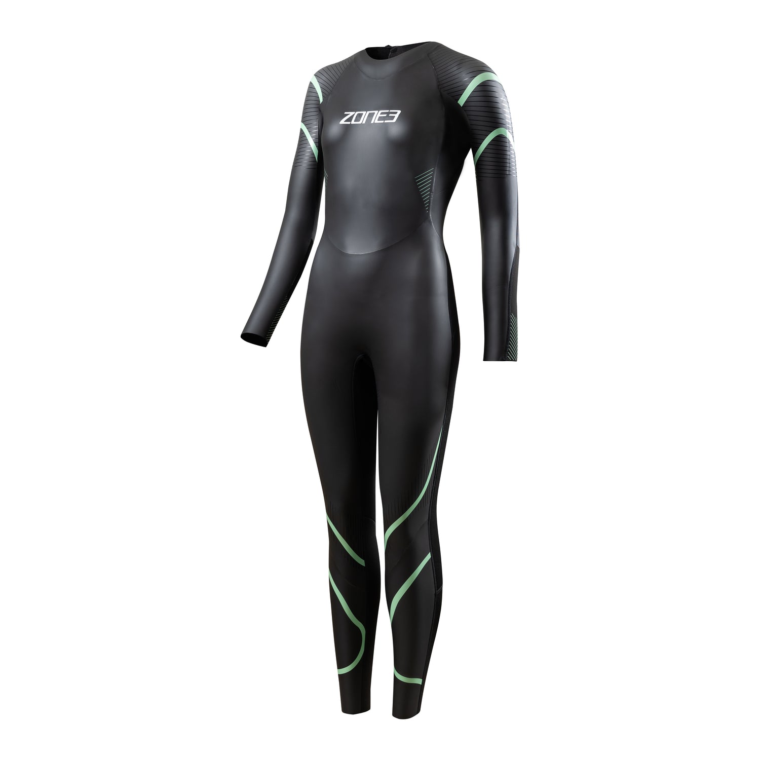 Zone3 women's full-length triathlon wetsuit in black with subtle green detailing, featuring a performance-fit design for enhanced buoyancy, flexibility, and hydrodynamics in open-water swimming.