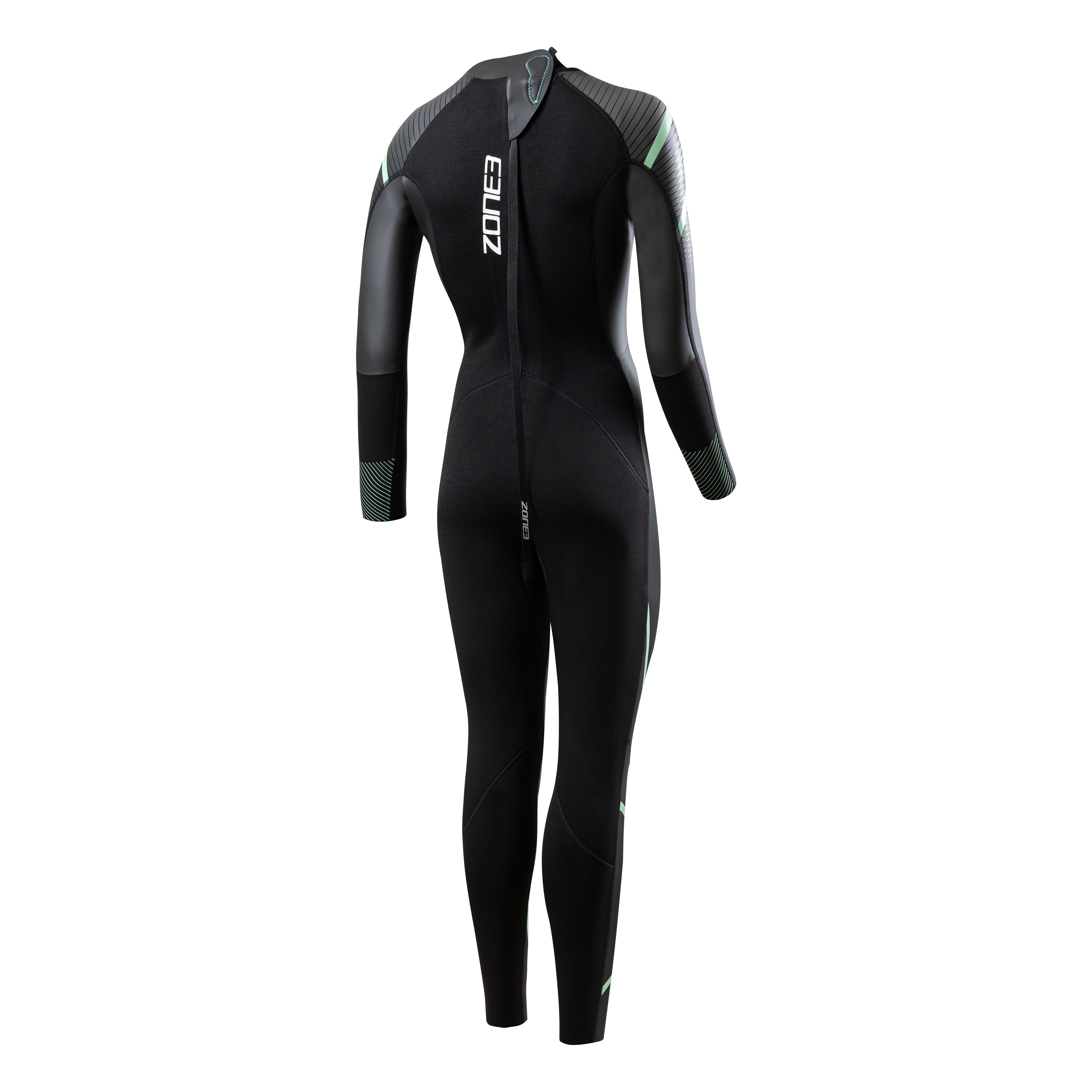 Zone3 women's full-length triathlon wetsuit in black with subtle green detailing, featuring a performance-fit design for enhanced buoyancy, flexibility, and hydrodynamics in open-water swimming.