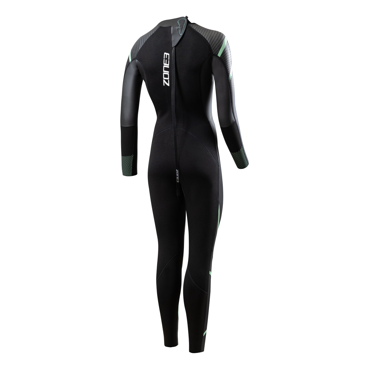 Zone3 women's full-length triathlon wetsuit in black with subtle green detailing, featuring a performance-fit design for enhanced buoyancy, flexibility, and hydrodynamics in open-water swimming.