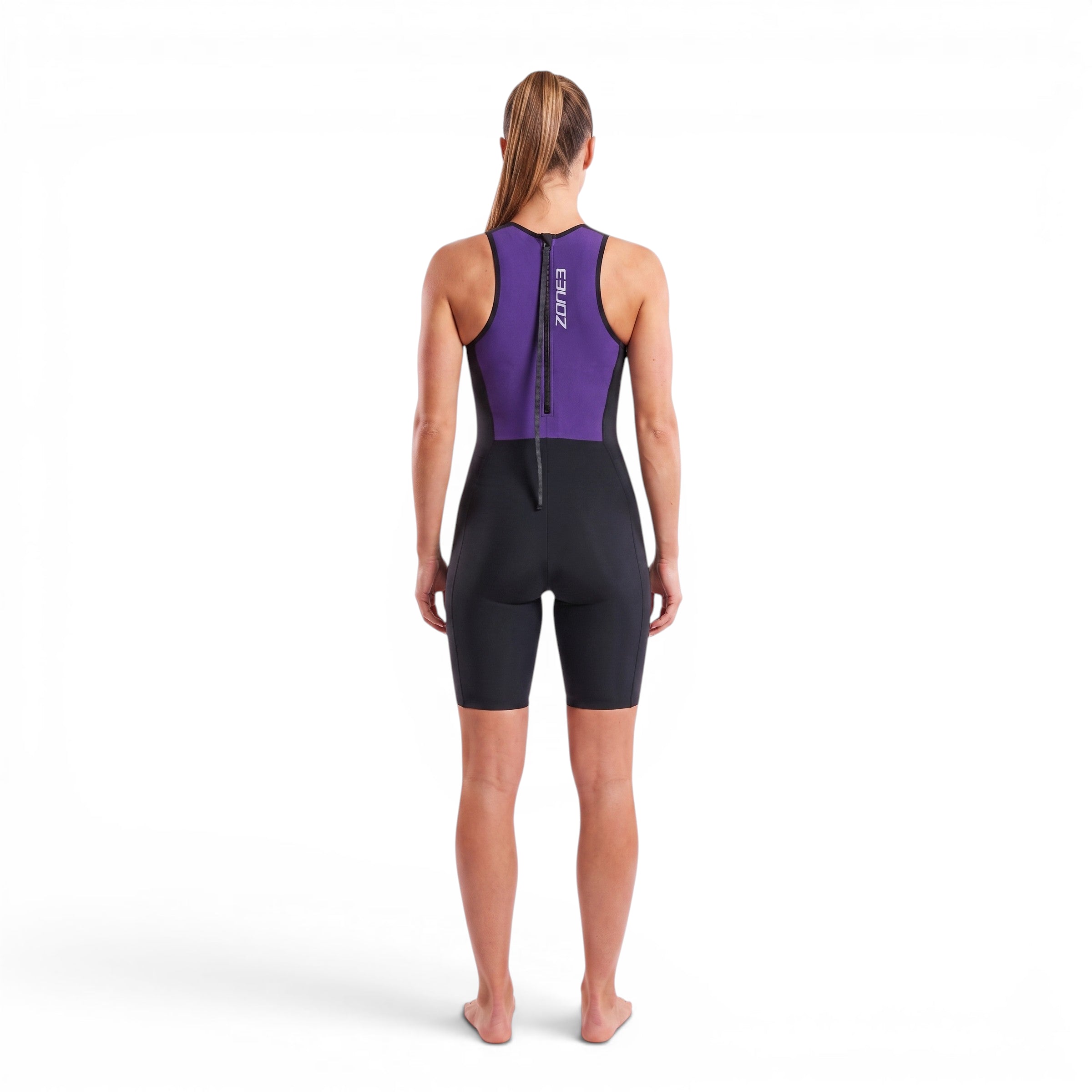 Back of a woman wearing a black Streamline Sleeveless Swimskin on a white background.