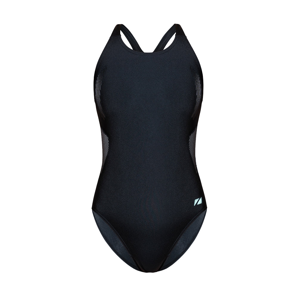 Black swimsuit with mesh panels on a white background
