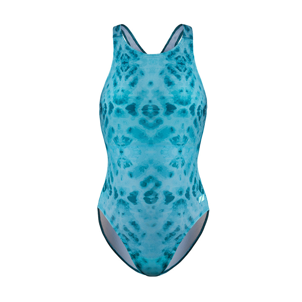 teal tie dye patterned swimsuit on a white background