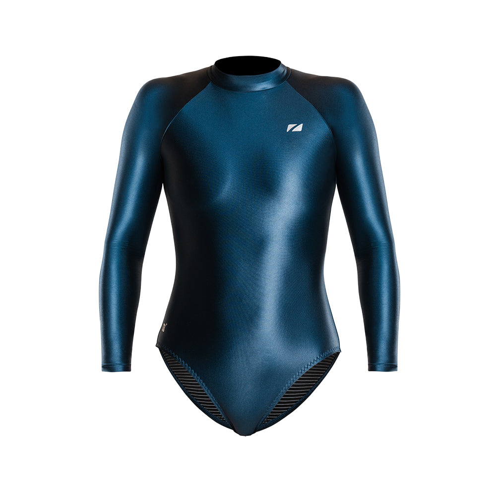 Blue wetsuit with black sleeves and shoulder area on a white background