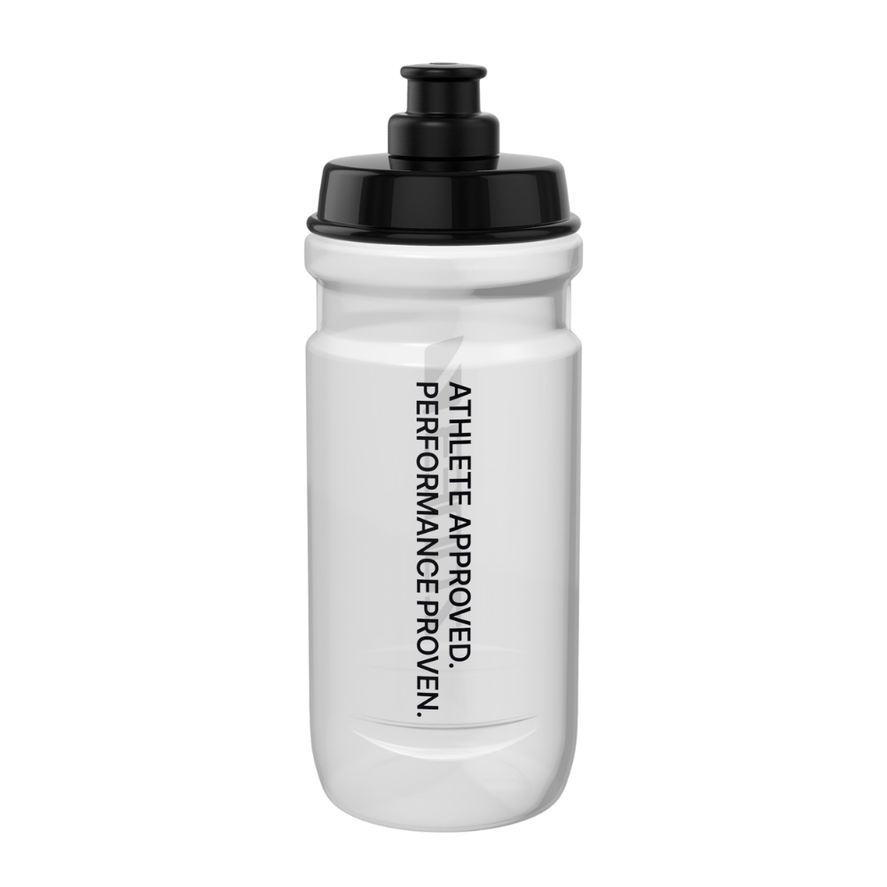 White water bottle with black cap and text on a white background