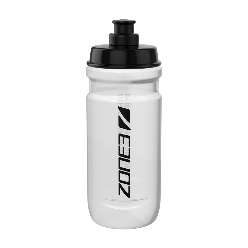 White water bottle with black cap and 'Zone' branding on a white background