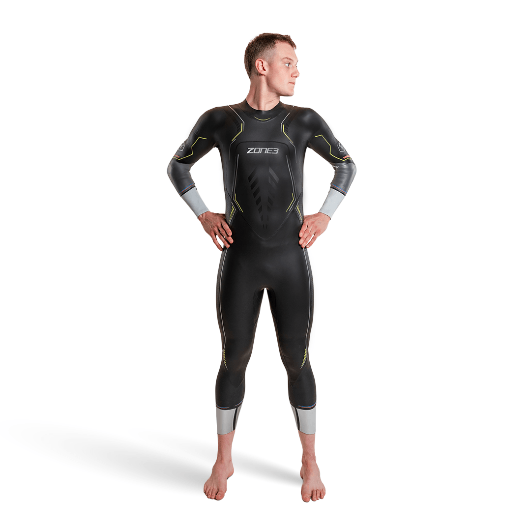 Aspire Wetsuit model showcasing innovative B-Prene Yamamoto neoprene for triathletes.