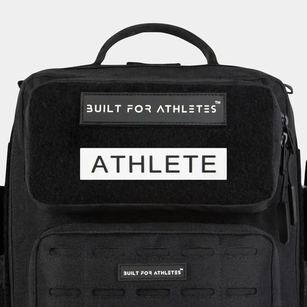 Built For Athletes Bag Patches on a sleek black bag showcasing the word ATHLETE prominently.