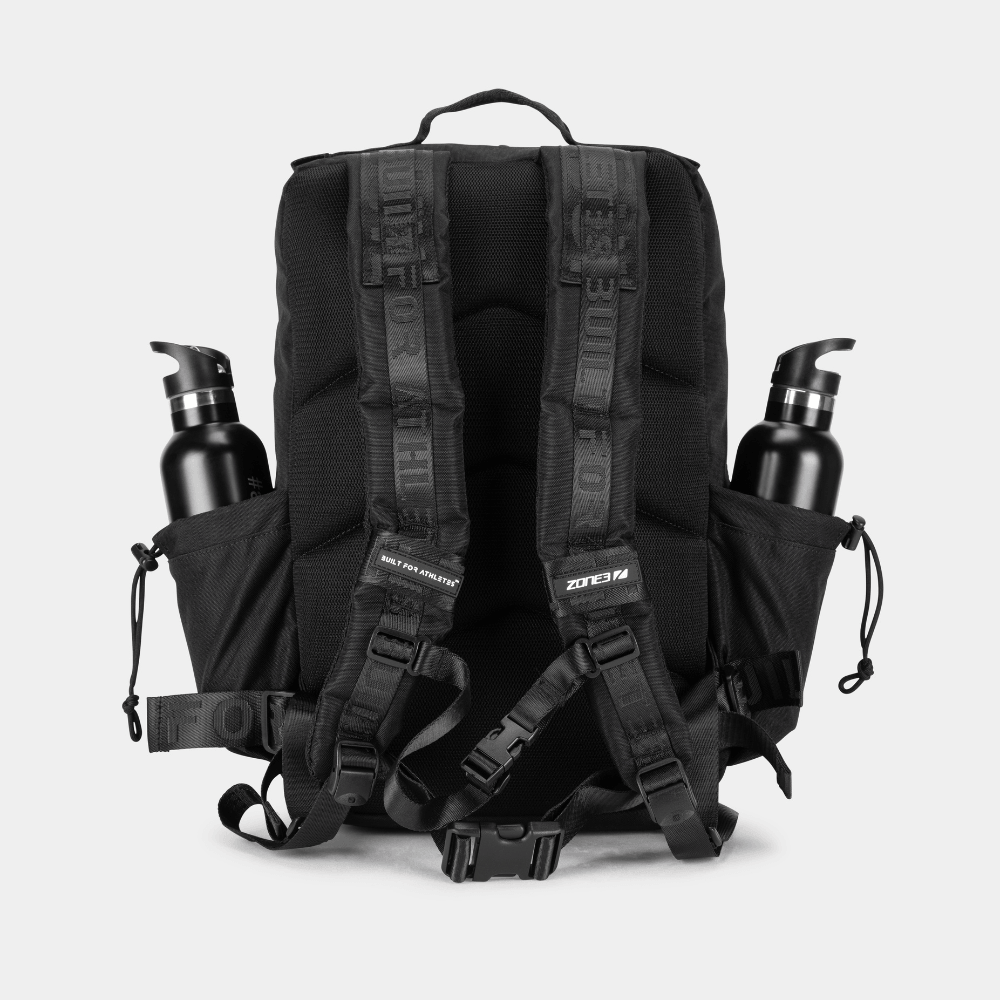 Built For Athletes x ZONE3 45L Transition Backpack with water bottle holders and adjustable straps.