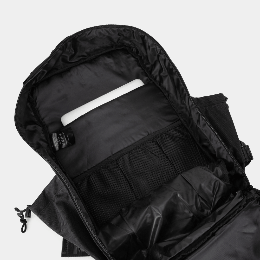 Built For Athletes x ZONE3 45L Transition Backpack interior view with dedicated laptop sleeve and organizer pockets.