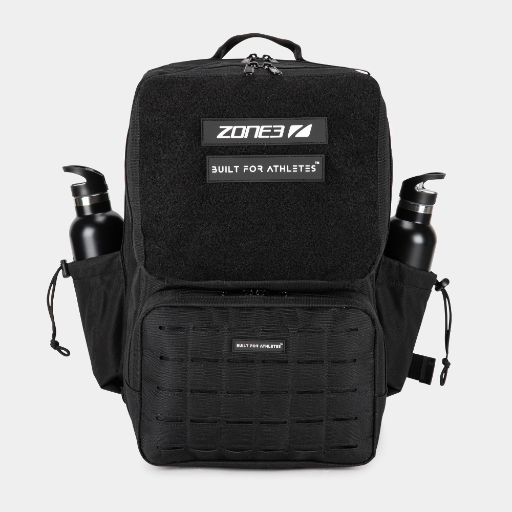 Built For Athletes x ZONE3 45L Transition Backpack with dual water bottle holders.