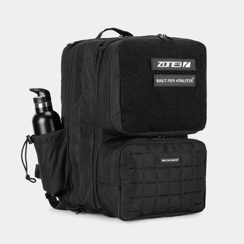 Built For Athletes x ZONE3 45L Transition Backpack showcasing sleek design and water bottle holder