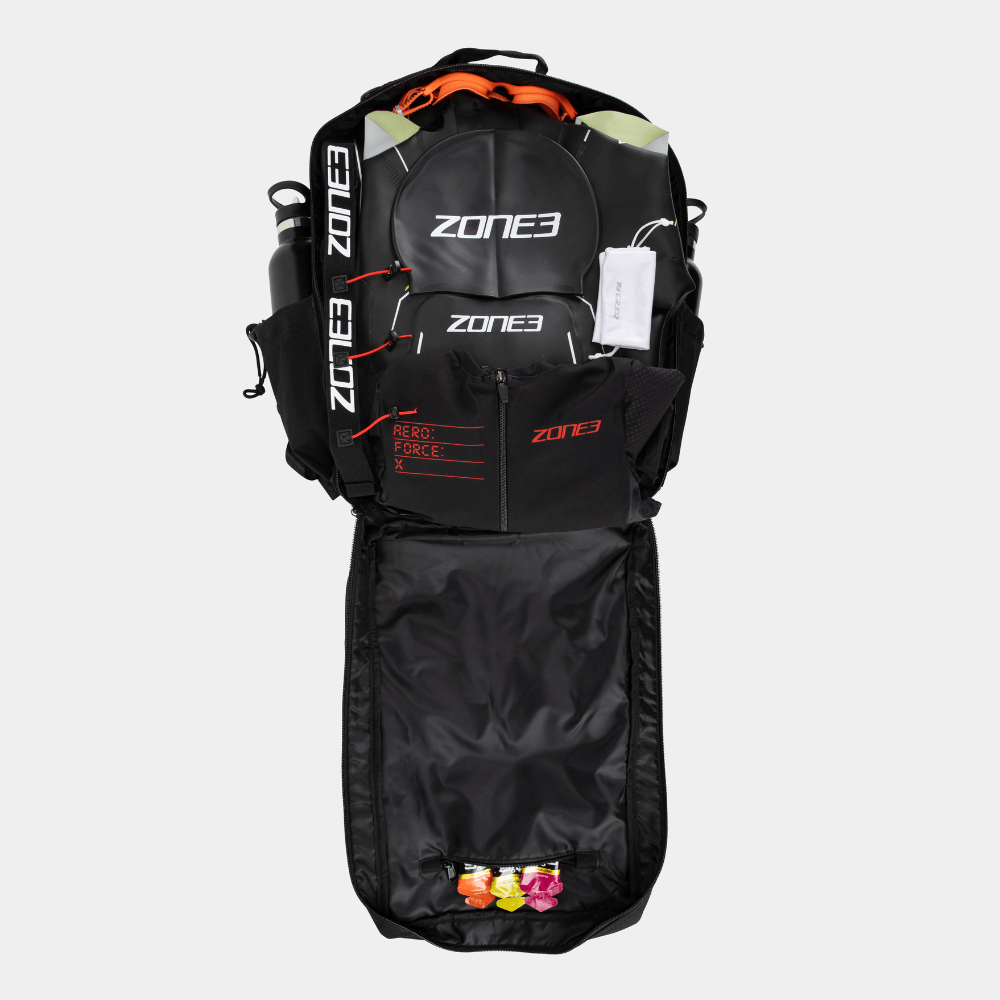 Built For Athletes x ZONE3 45L Transition Backpack open view showing compartments and gear storage.