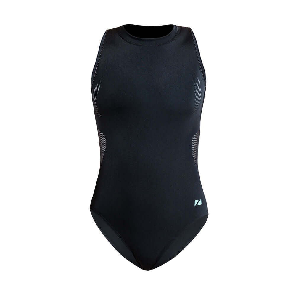 Black swimsuit with geometric patterns on a white background