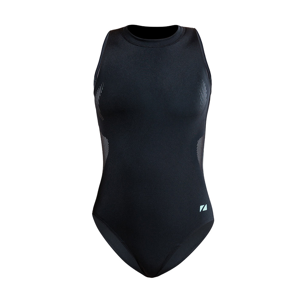 Black swimsuit with geometric patterns on a white background