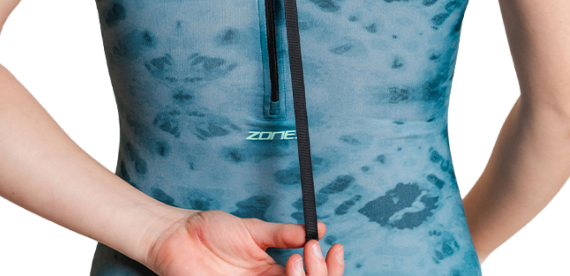 Teal tie-dye patterned high neck swimsuit on a white background