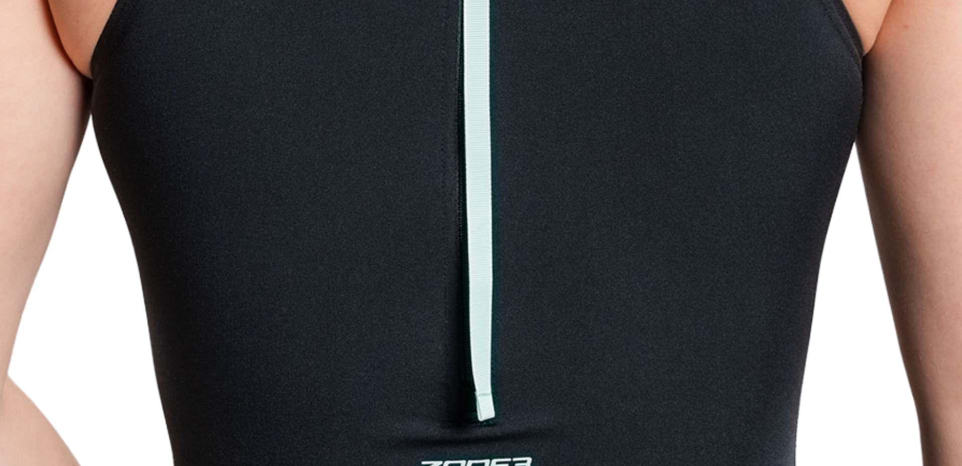 Black high neck swimsuit with a white zip strap on a white background