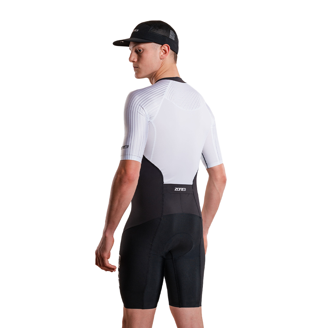 Man wearing Lava Long Distance Full Zip Short Sleeve Trisuit on a white background  