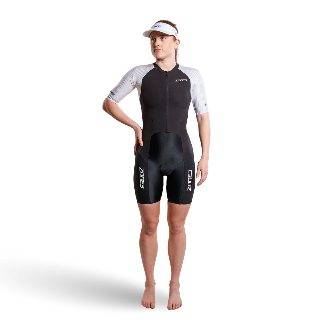 Woman wearing Lava Long Distance Full Zip Short Sleeve Trisuit on a white background  