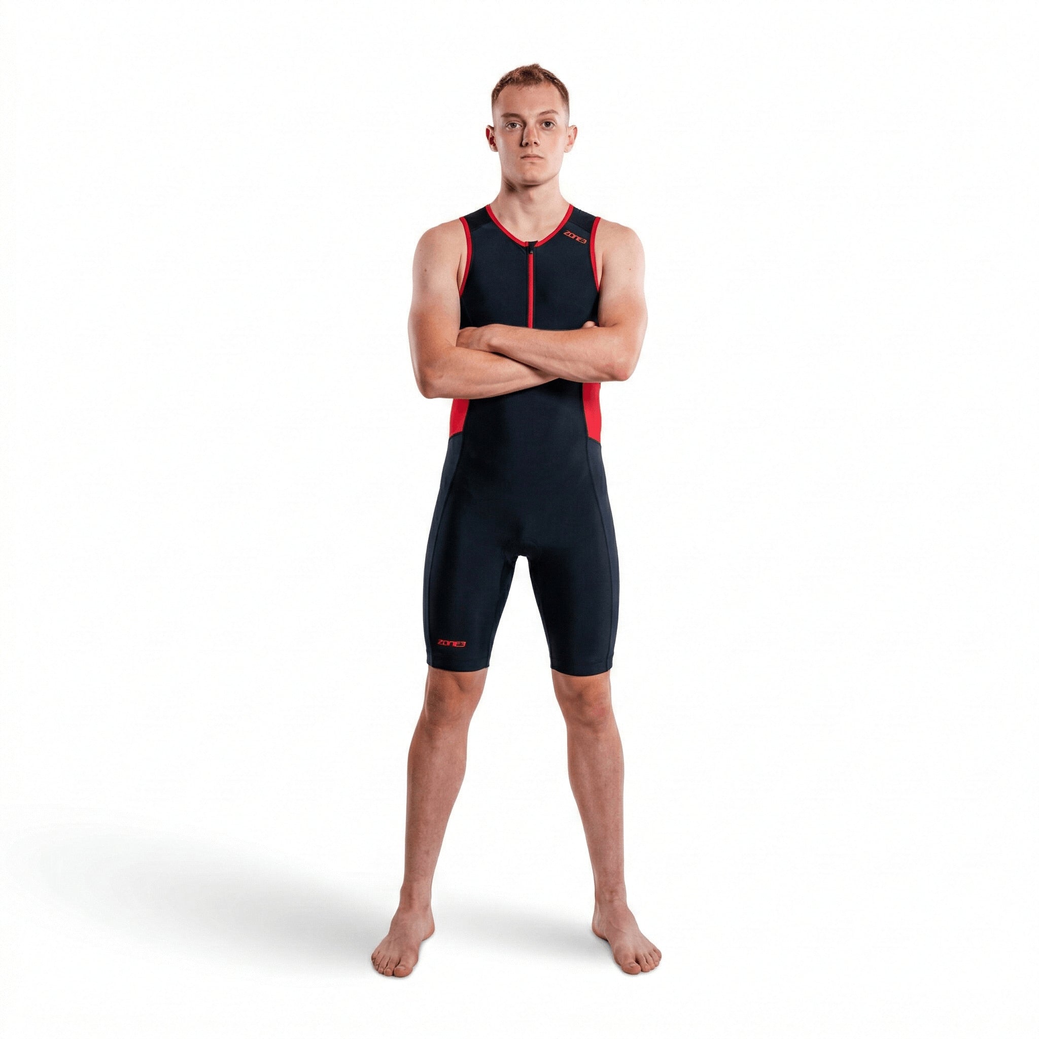 Man wearing a black and red sleeveless Activate Trisuit on a white background