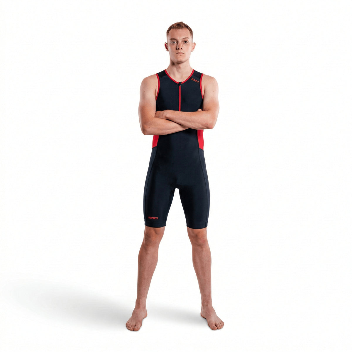 Man wearing a black and red sleeveless Activate Trisuit on a white background