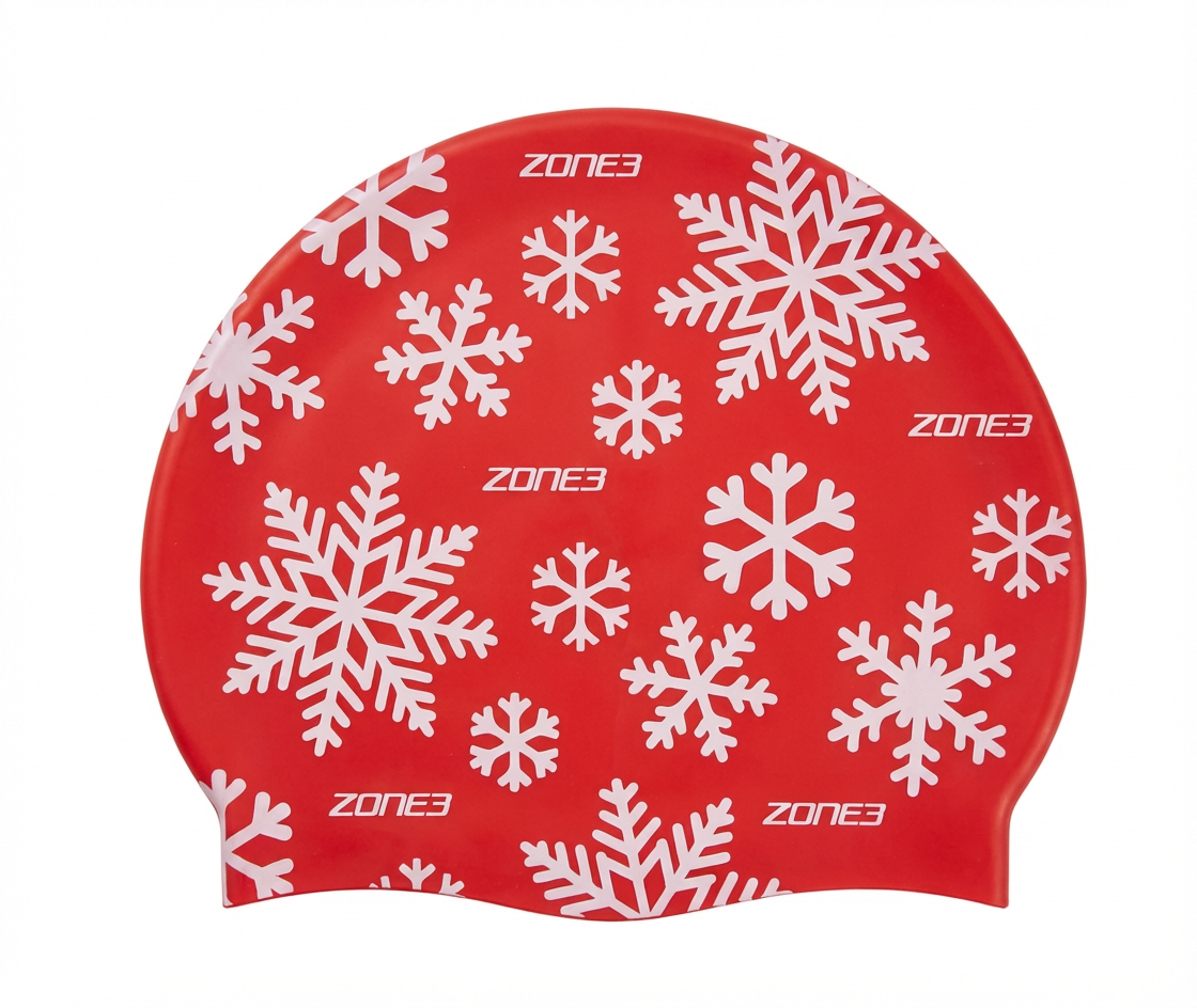 Red Christmas silicone swim cap with white snowflake pattern