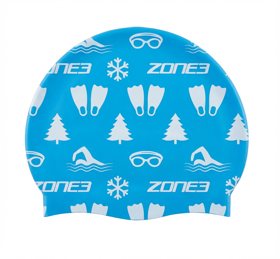 Blue Christmas silicone swim cap with white winter icons including snowflakes trees and goggles