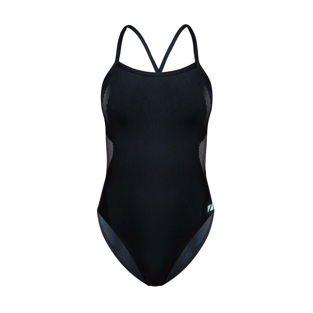 Black swimsuit with thin straps on a white background