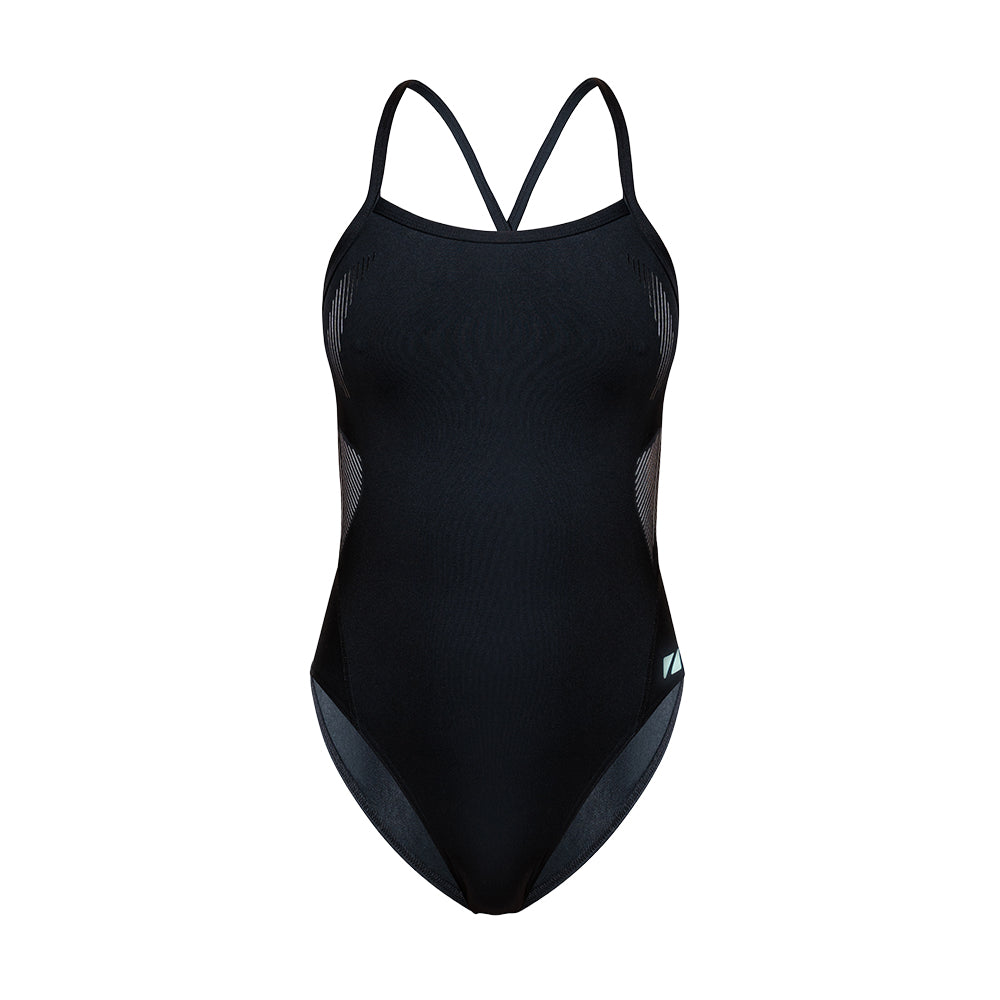 Black swimsuit with thin straps on a white background