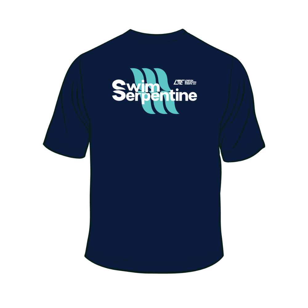 Swim Serpentine Organic Cotton T-Shirt featuring a stylish design on a navy background.