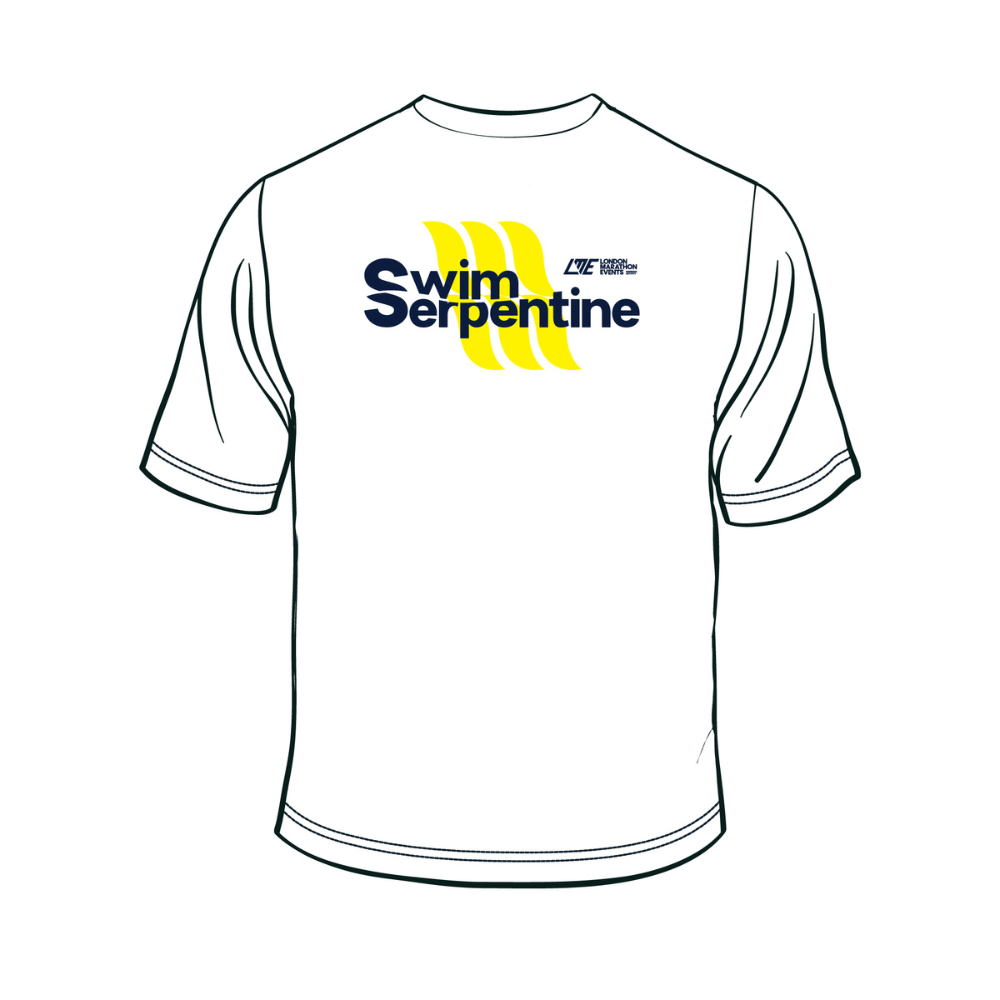 Swim Serpentine Organic Cotton T-Shirt featuring a modern design with colorful printing on a white background.